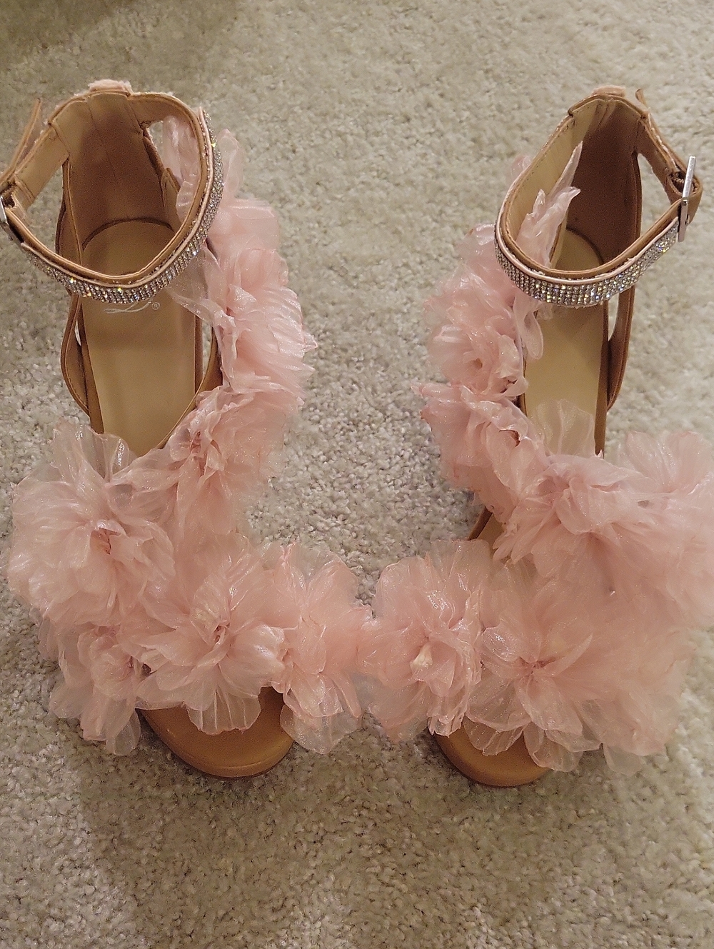 Upcycle Pink Floral Tulle Ankle-Strap Heels w/ Rhinestone Accent